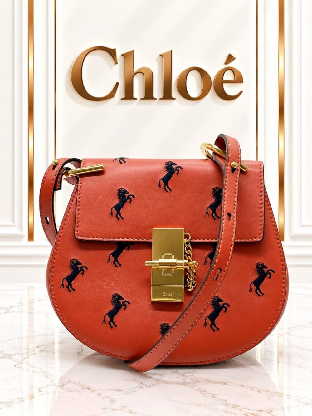 Authentic Chloé Drew Horse Embroidered Leather Crossbody Bag Coral Gold Hardware